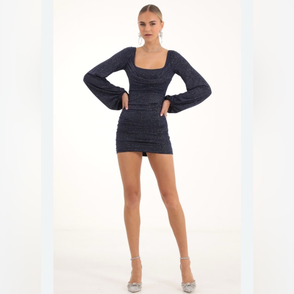 Lucy in the Sky Glitter Ruched Long Sleeve Dress in Navy Size S NWOT